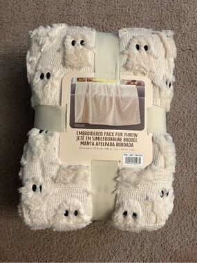 Embroidered Ghost Faux Fur Throw